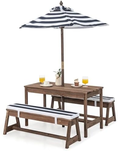 Kids Outdoor Bench With Umbrella - Kids Picnic Table, Outdoor Wooden Table