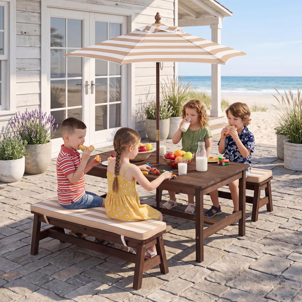 Kids Picnic Table, Large 42“x  - đánh giá và giá Kids Outdoor Bench With Umbrella