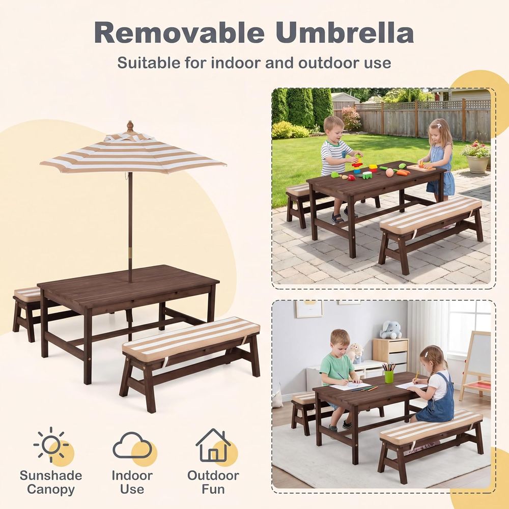 Kids Picnic Table, Large 42“x  - đánh giá và giá Kids Outdoor Bench With Umbrella