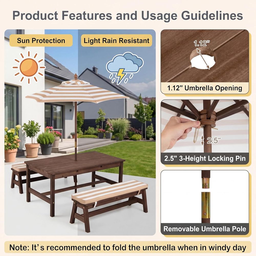 Kids Picnic Table, Large 42“x  - đánh giá và giá Kids Outdoor Bench With Umbrella